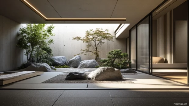 Modern 4K minimalist PC wallpaper with Japanese Zen inspired rock garden design.