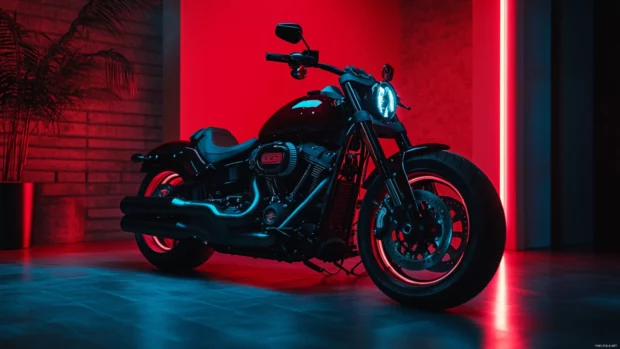 Modern Harley Davidson bike in showroom lighting.