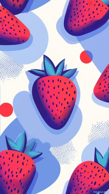 Modern art pattern with strawberries, pastel triangles, circles, brush strokes, soft gradient backdrop.