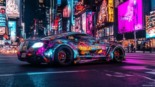 Modern car, vibrant neon lights, wheels body, reflecting colorful patterns, neon street, streetlights billboards glowing background.