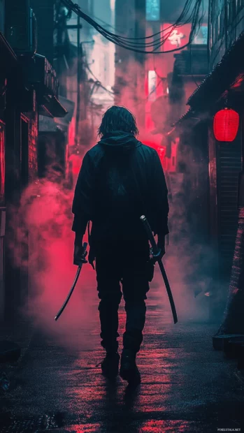 Modern cool boy holding katana in a smoky alley, cool boy wallpaper for iPhone.