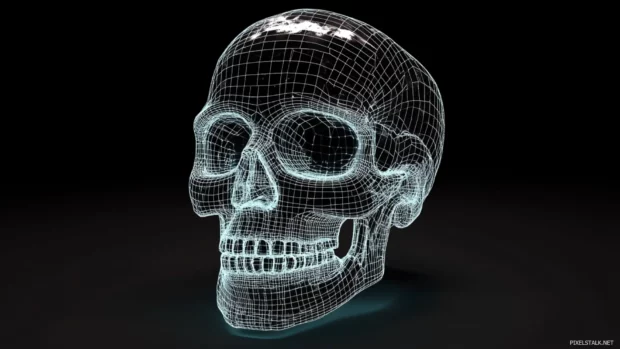 Modern digital skull desktop wallpapers HD with 3D wireframe glow.