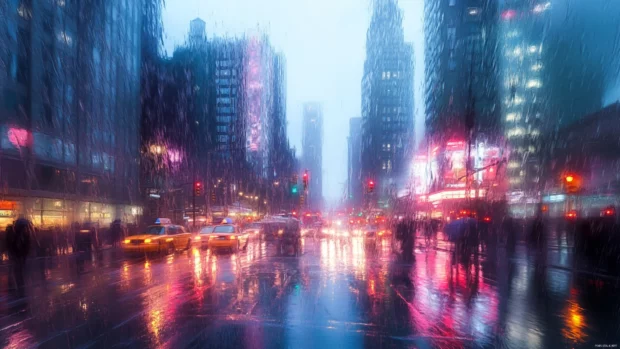 Modern interpretation of Rainy cityscape with soft gradients.