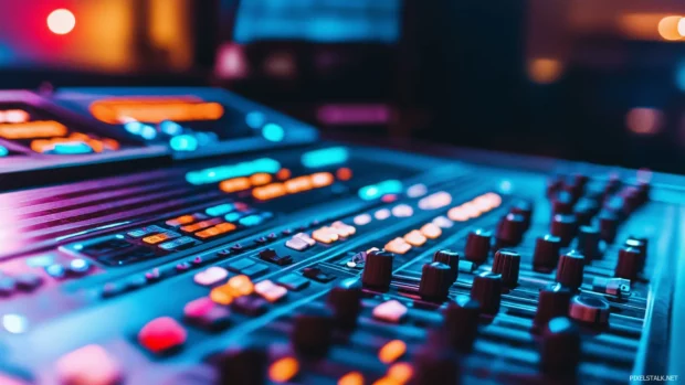 Modern mixing console with colorful faders buttons monitors and audio gear in dimly lit studio.