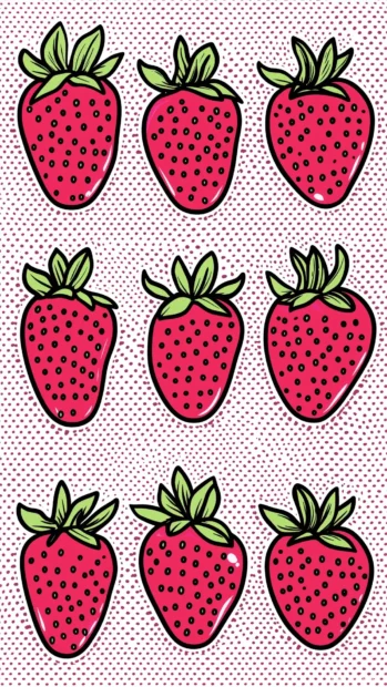Modern pop art strawberry design, grid format, halftone texture, bright bold colors.