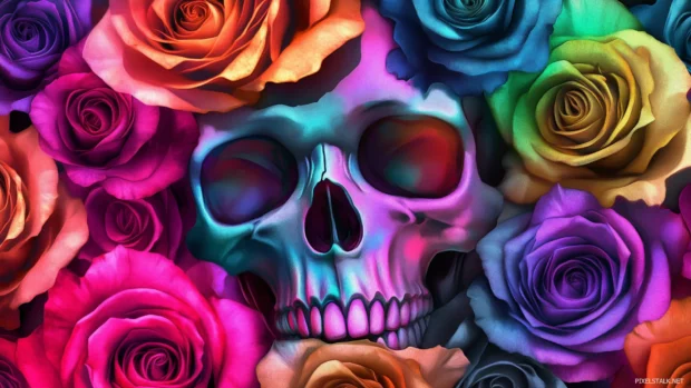 Modern skull with glowing roses, vibrant colors, dreamlike digital art feel.
