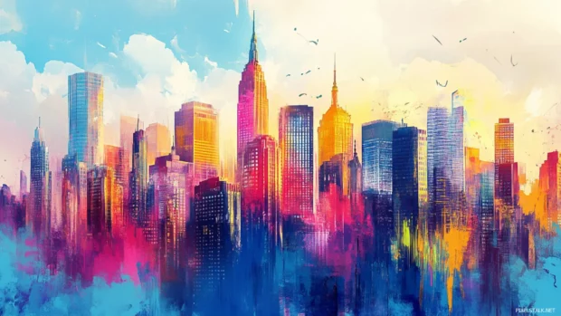 Modern skyscrapers bursting through clouds of paint in graffiti cityscape wallpapers.
