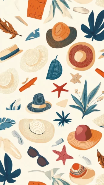Modern summer pattern blending aesthetic travel icons, sun hats, and coastal colors for iPhone.