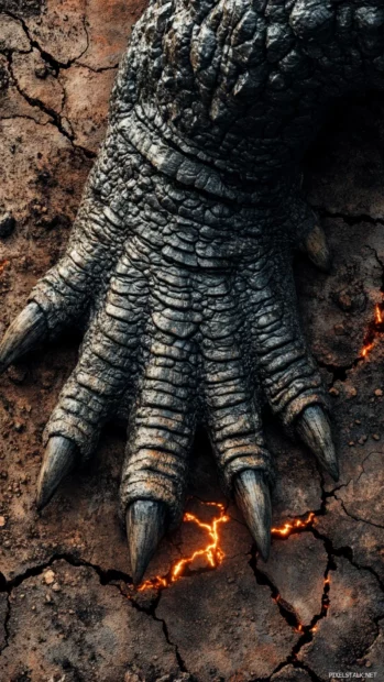 Molten ground cracking beneath the weight of Godzillas feet.