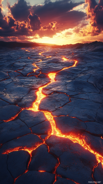 Molten lava rivers streaming across cracked obsidian.