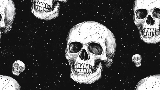 Monochrome cute skull wallpaper with thin outlines and tiled pattern.
