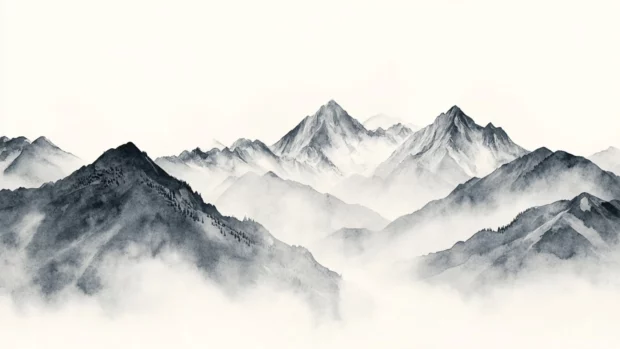 Monochrome mountain landscape rendered in delicate watercolor tones.