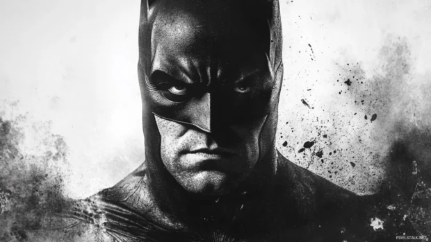 Monochrome portrait of Batman, perfect as modern minimalist Batman wallpaper.
