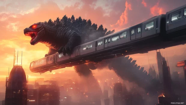 Monorail crash as Godzilla steps forward in a techno future.