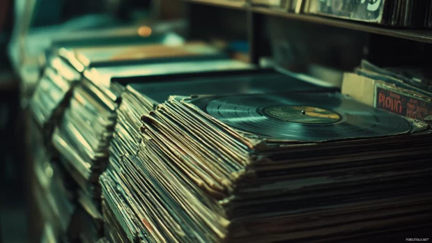 Moody image, vintage vinyl records, music studio, soft lighting, album covers.