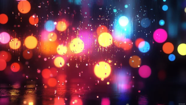 Moody neon lights background, Soft neon reflections on rain soaked streets.