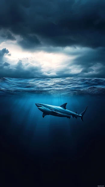 Moody vertical scene of shark beneath ocean surface tension.