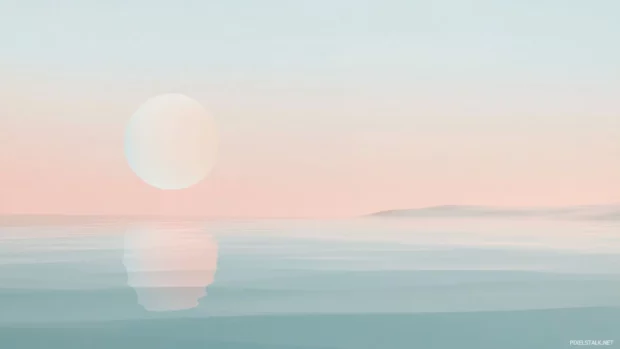 Moon over water in soft pastel colors, minimalist wallpaper design.