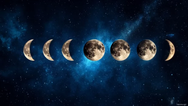 Moon phases illustrated over a cosmic background, tailored for desktop space wallpapers.