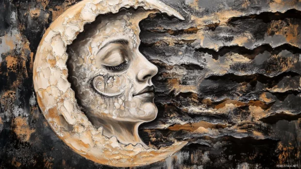 Moon with human face emerging from layered paint arcs.