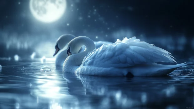 Moonlight reflecting on the feathers of sleeping Swans, a night themed Swans PC Wallpapers design.