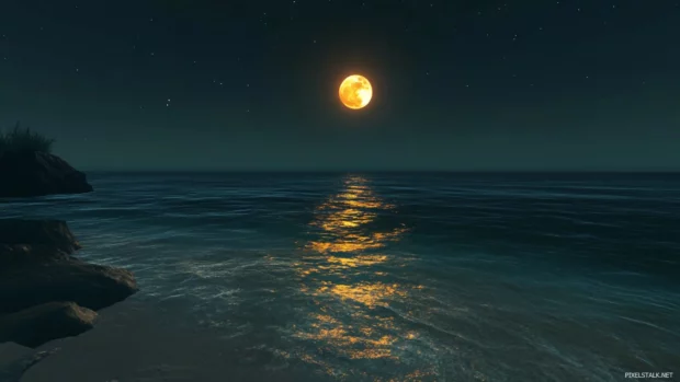 Moonlight shimmering over midnight Pretty Ocean.