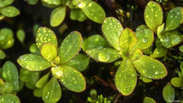 Morning dew glistening over pretty forest floor.