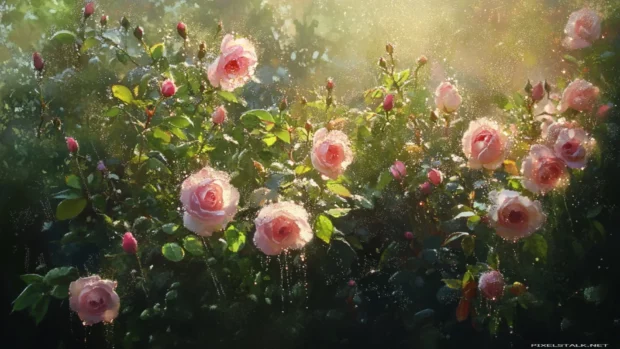 Morning dew on wild roses.