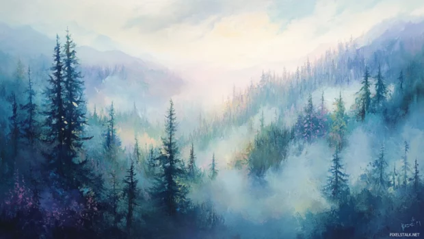 Morning fog rolls across a cedar forest, softening every edge and color.