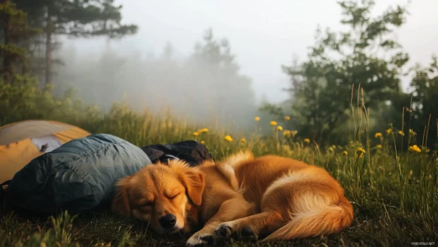 Morning mist wraps around a sleepy puppy near a campsite.