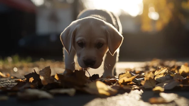 Morning sunlight shining on a puppy with floppy ears playing with leaves.