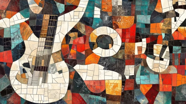 Mosaic tile, music symbols, instruments, bold textures, lively color aesthetic.