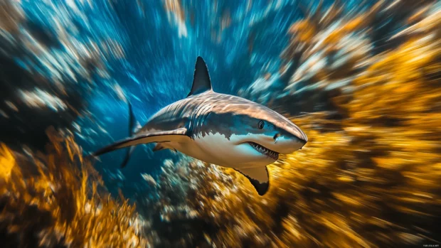 Motion blur effect of a great white shark rushing through reef.