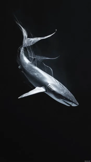 Motion capture inspired shark curve in dark open water.