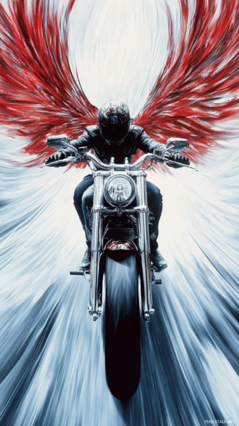 Motorcycle with chrome graffiti wings speeding through tag vortex.