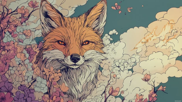 Mountain fox outlined in graffiti blossoms and cloud puffs.