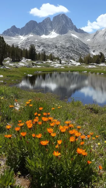 Mountain lake picturesque, snow capped peaks reflecting, vibrant wildflowers surrounding.