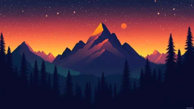 Mountain landscape bathed in the glow of an HD sunset background, peaks silhouetted against the fiery sky.