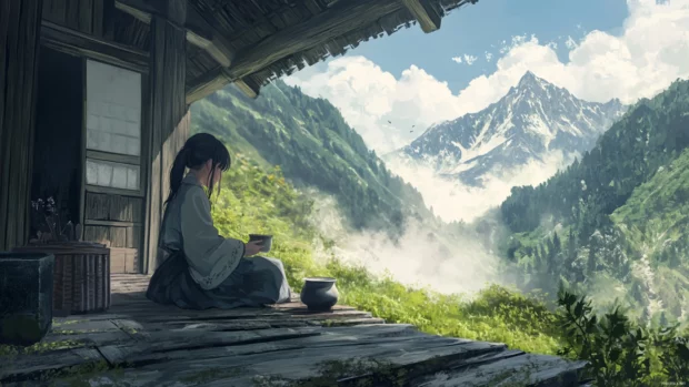 Mountain mist swirls as anime girl prepares tea in a quiet hut.