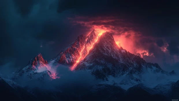 Mountain peak surrounded by neon thunderstorm.