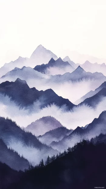Mountain ranges sketched in dusky watercolor shades, Clean and Elegant style.
