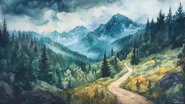 Mountain trails winding through vast watercolor landscapes.