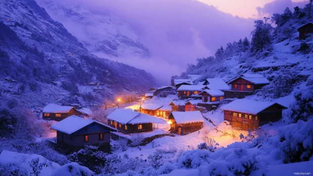 Mountain village dusted with snow at dusk, one of the best snow wallpapers for desktop.
