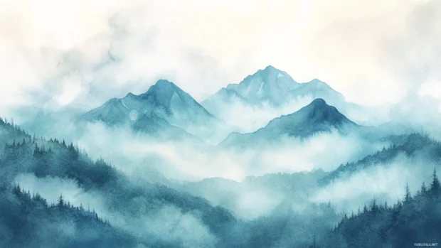 Mountains hidden behind drifting watercolor cloud veils.