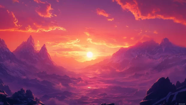 Mountains in the distance under a fiery sunset, the landscape bathed in warm light.