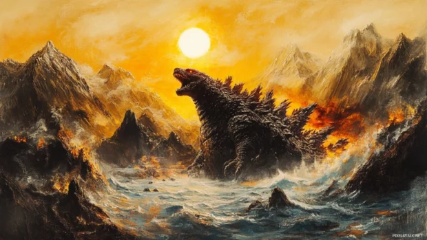 Mountains tremble as Godzilla turns to face the blazing sun.