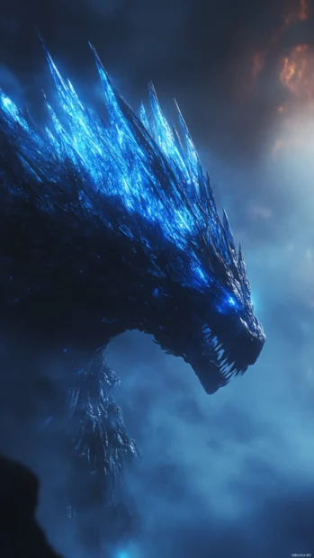 Movie style Godzilla wallpaper for iPhone with glowing blue spines in mist.