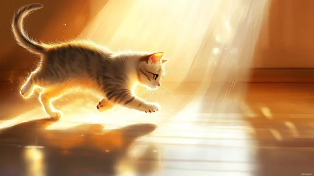 Moving Animals Wallpapers of cats chasing light reflections on a wooden floor.