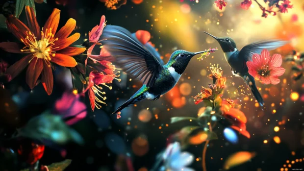 Moving Animals Wallpapers of hummingbirds hovering around vibrant blossoms.