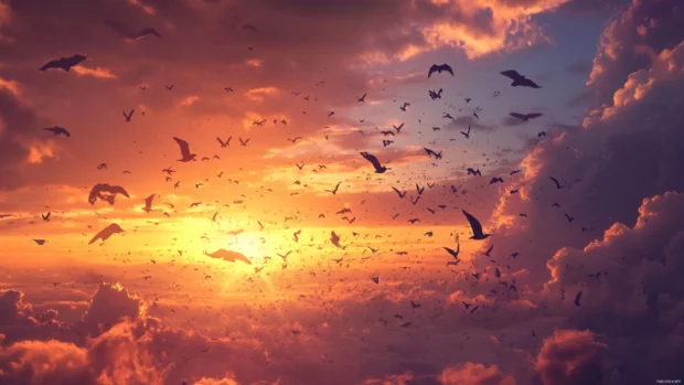 Moving Animals Wallpapers showing flocks of birds flying across a sunset sky.